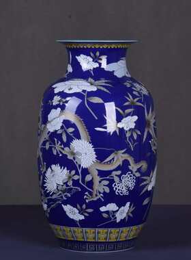 桌面日式器器皿摆件大雅蓝色花瓶插花龙纹特色斋粉彩花道装饰品花