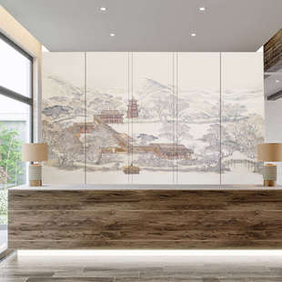 古典山水建筑墙布轻奢客厅沙发壁画电视背景墙壁纸风景壁布 新中式