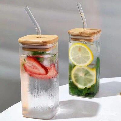 Glass Drinking Cup 350ML with Straw Glass Tumbler Beverage