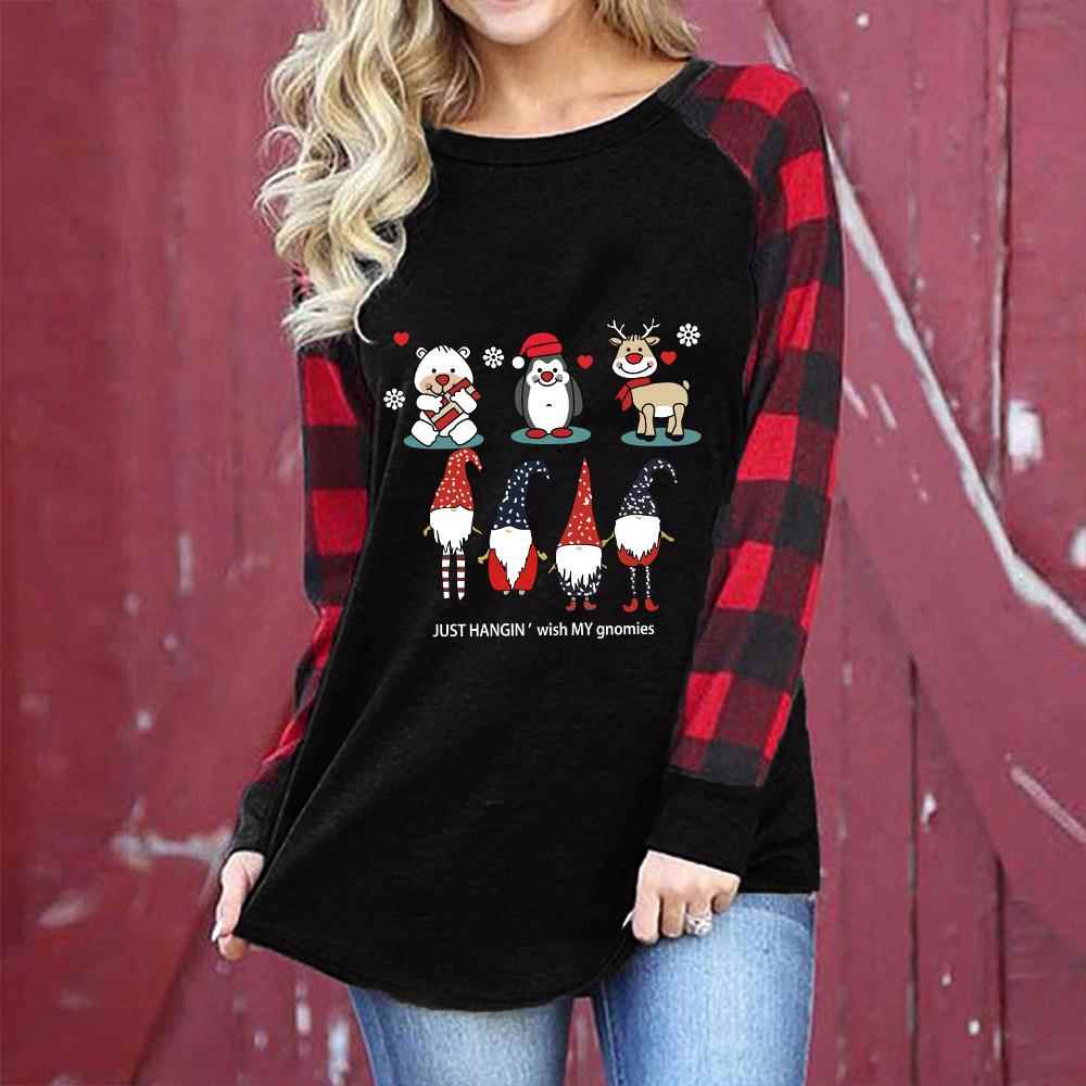 Christmas Womens Elk Striped Plaid Sleeve Loose Pullover