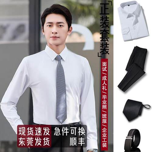 男士衬衫长袖免烫商务面试正装套装西装休闲衬衣伴郎职业工作服白