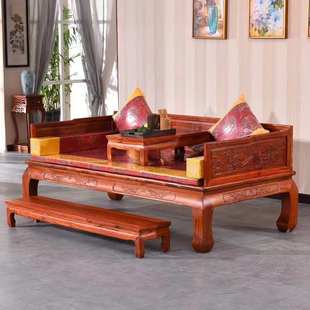 罗汉床实木中式榆木沙发床榻禅意榻彷古雕花虎脚山水厂家