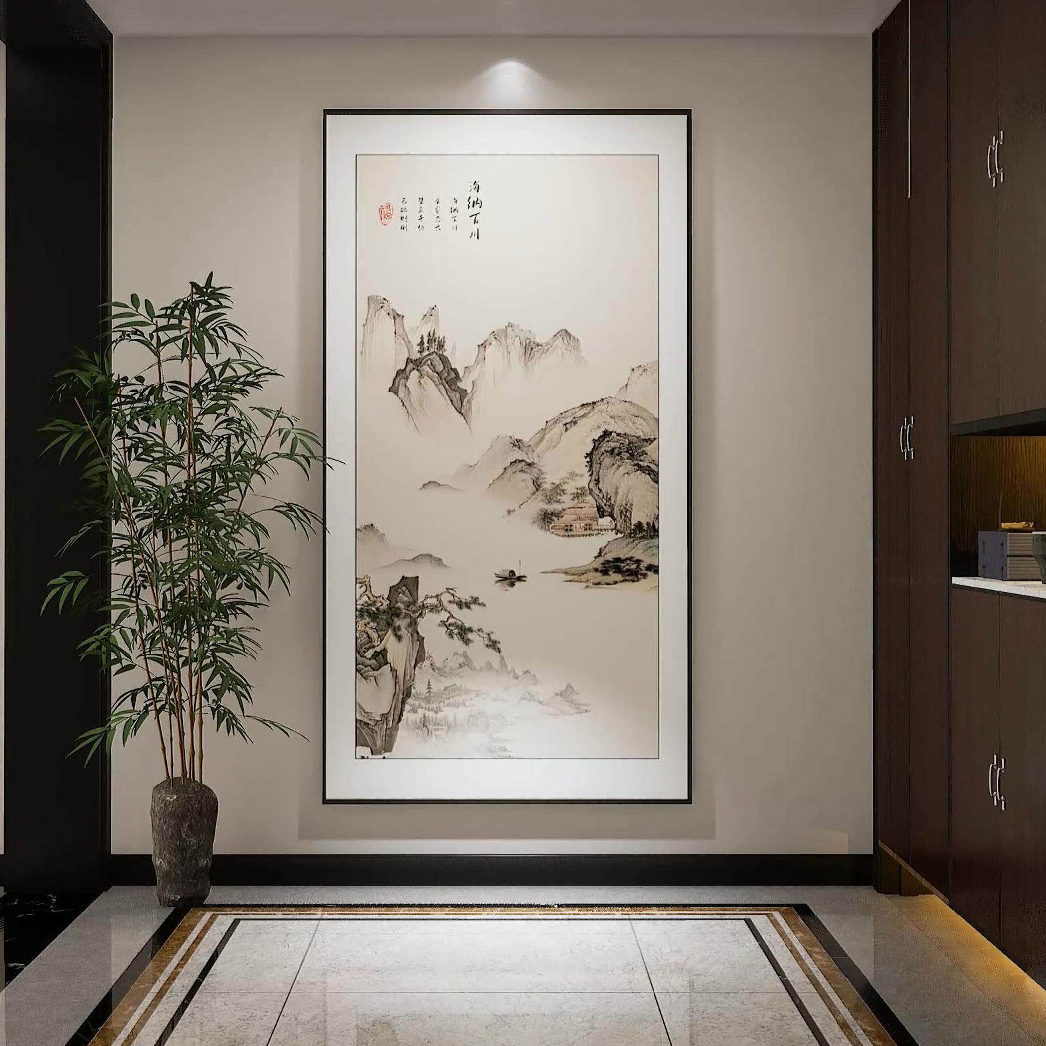 迎客松玄关装饰画新中式进门入户走廊过道挂画竖版茶室壁画山水画