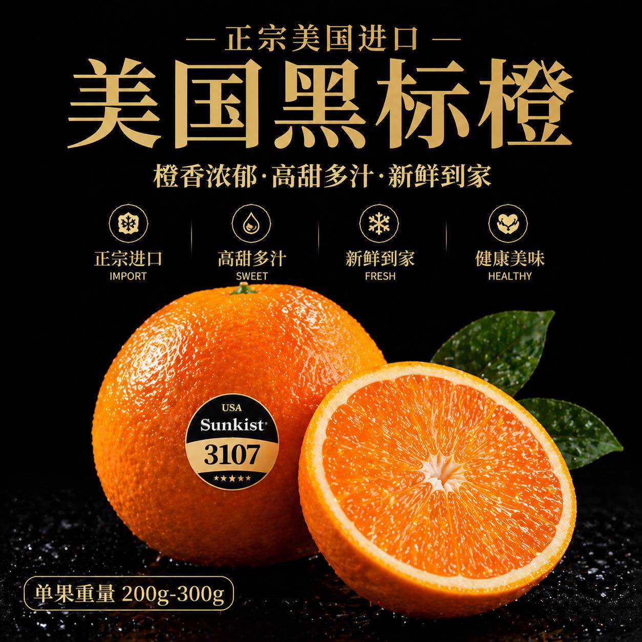 新奇士进口3107黑标橙子新鲜水果 当季甜脐大果整箱礼盒装