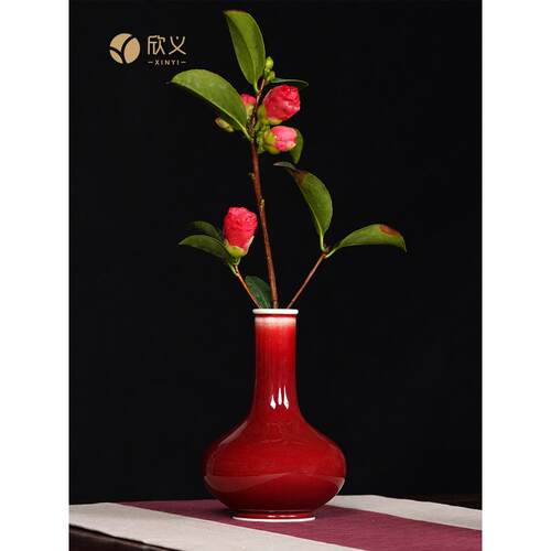 郎红天球瓶景德镇手工陶瓷花器中式覆古小号插花瓶客厅装饰摆件