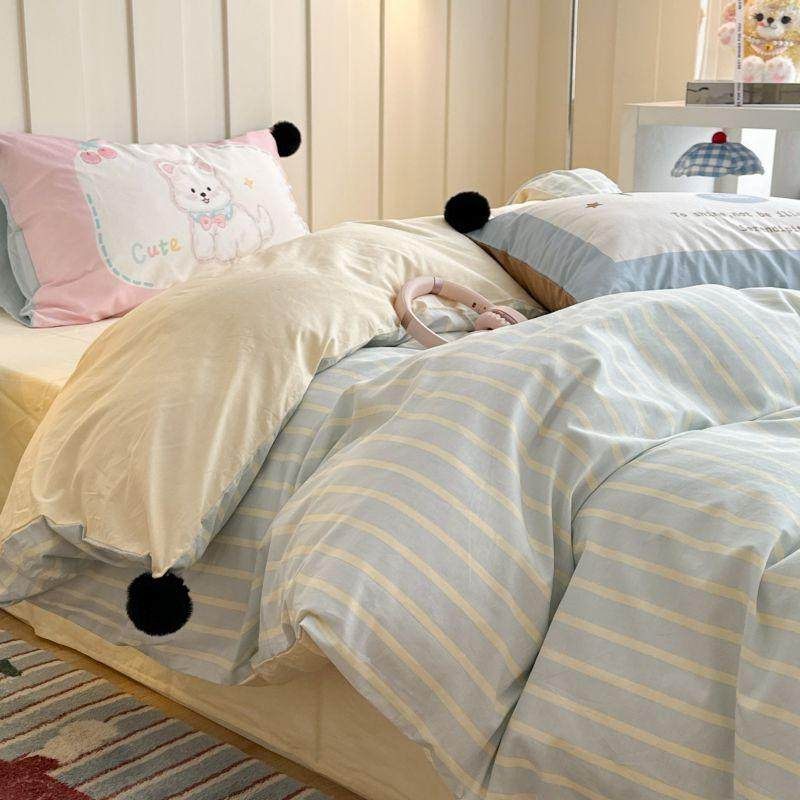 条纹彩色系全棉大版枕套毛球款四件套亲肤舒适床品春夏柔软套件,床上用品,床垫/床褥/床护垫/榻榻米床垫,淘宝优惠券,粉丝福利购,淘宝优惠卷