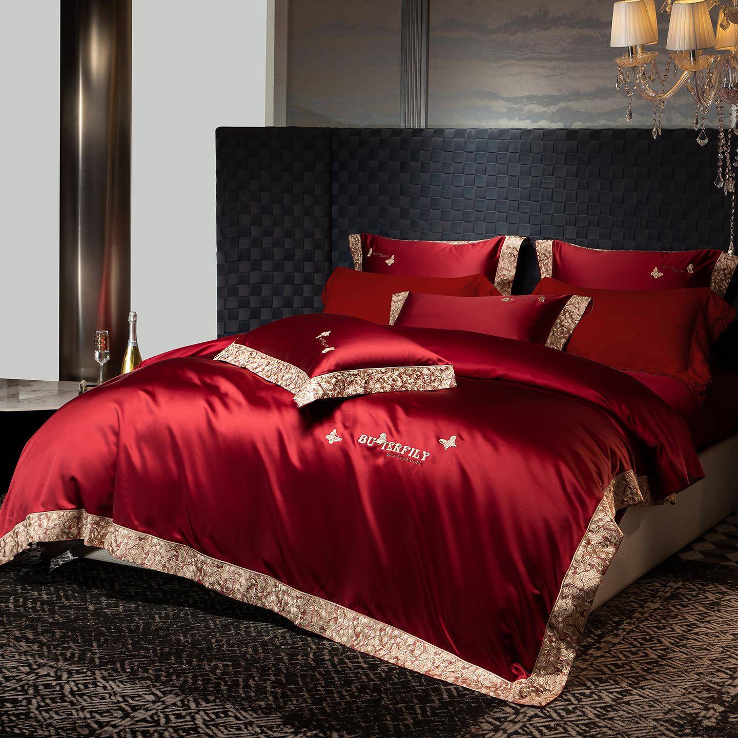 中式高端100S真丝棉婚庆四件套红色刺绣结婚床上用品喜被婚嫁床品