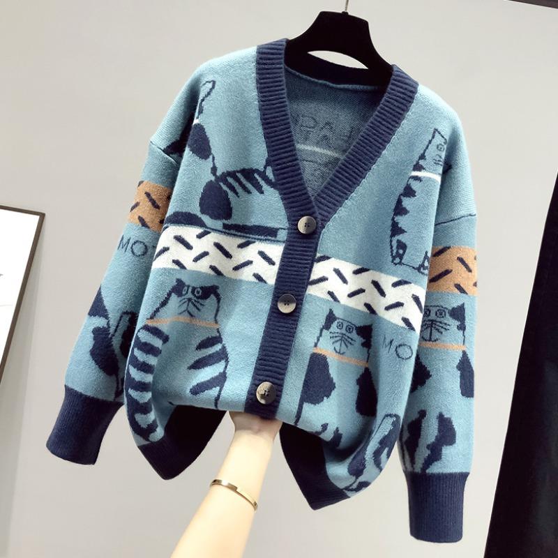 Cat contrast color sweater jacket womens loose fashionable
