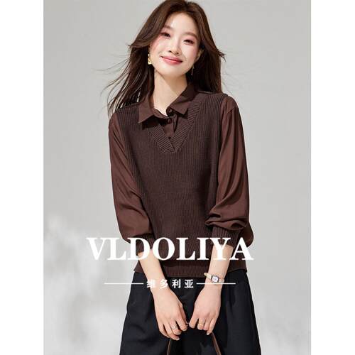 VLDOLIYA维多利亚假两件衬衫长袖针织衫女2026春季新薄款早春上衣