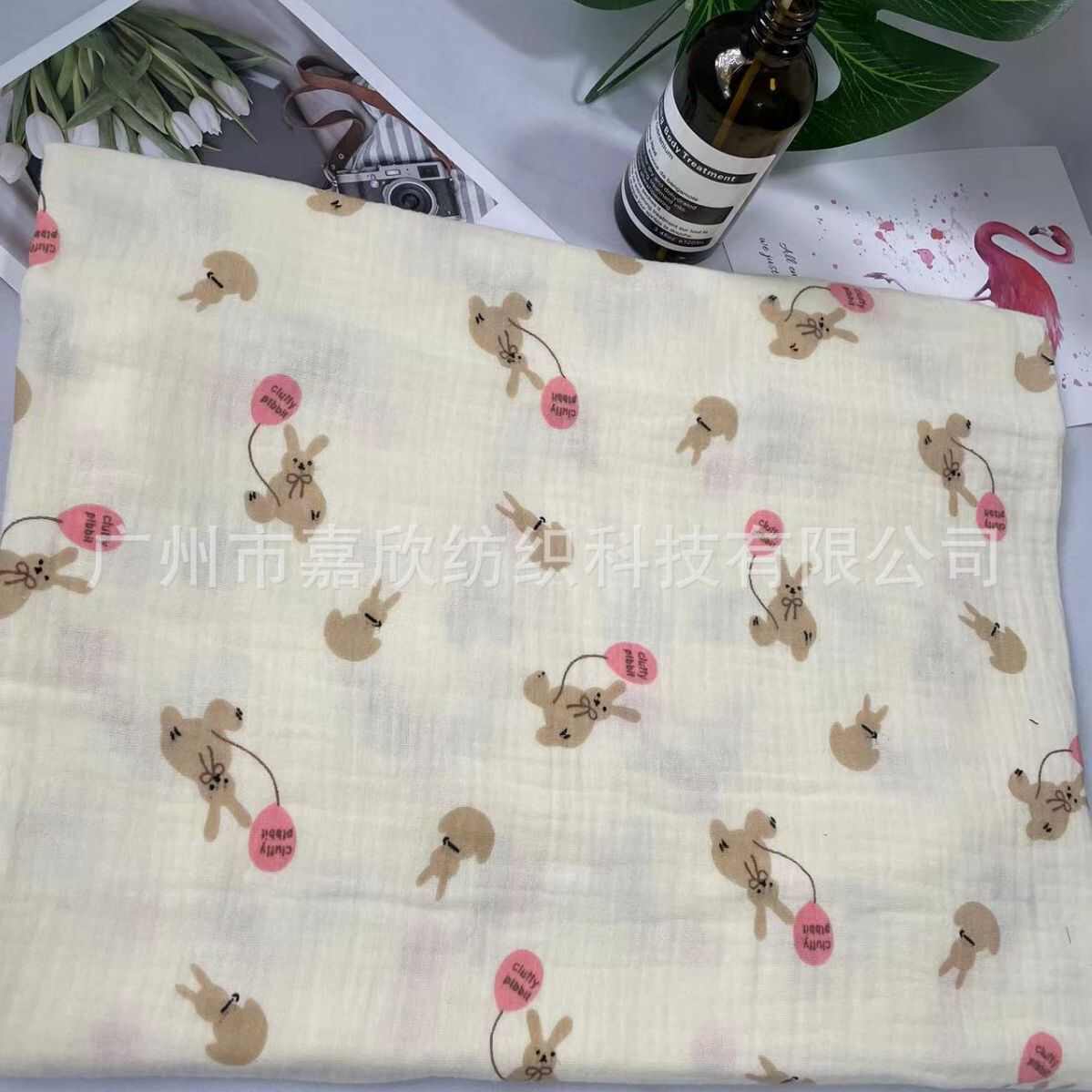 全棉双层纱布料muslin纱绉奶酪布印花小熊皱布睡衣家居服面料