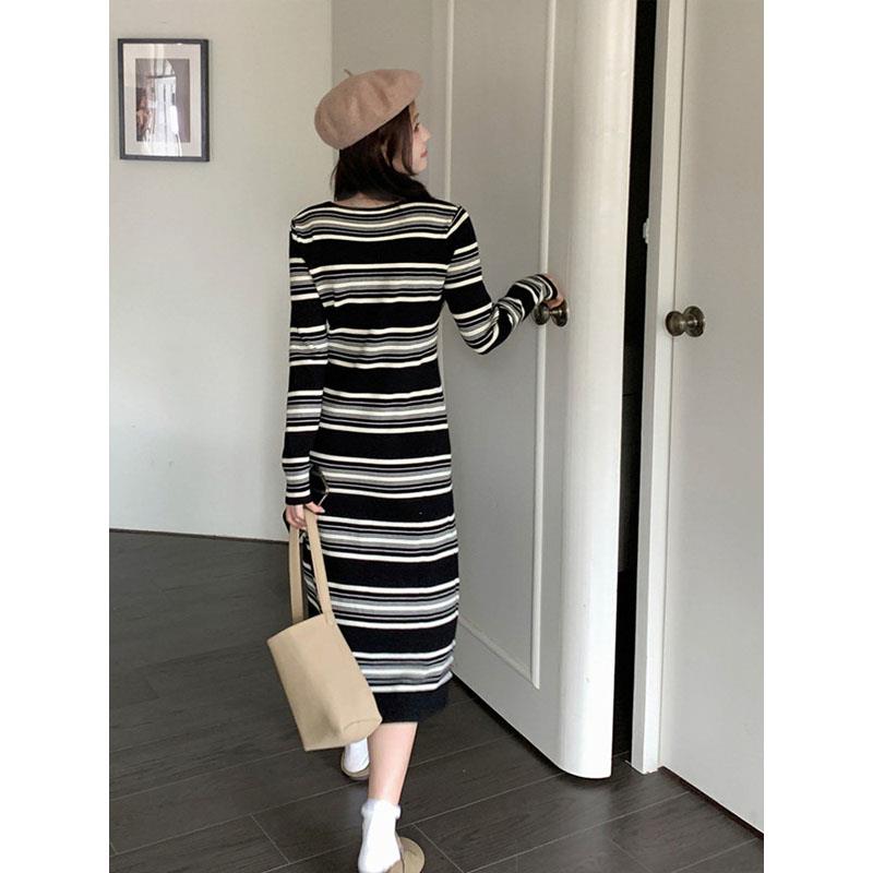 好货胖妹妹春季方领撞色条纹长袖连衣裙女2026欧货修身显瘦中长款