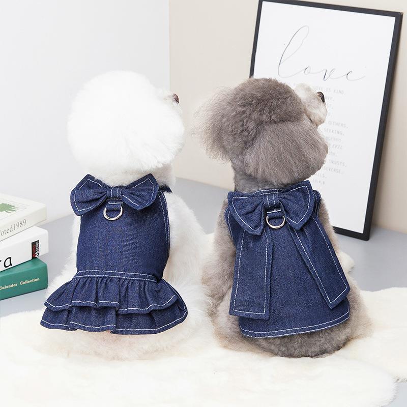 春夏宠物衣服饰大领结牛仔套装可挂牵引绳博美宠物狗狗服跨境