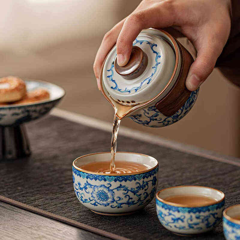 缠枝莲汝窑快客杯旅行茶具套装一壶三杯便携包户外露营茶壶茶杯子