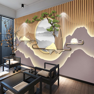 客厅电视背景墙布轻奢养生茶馆壁纸简约现代山水办公室壁画 新中式
