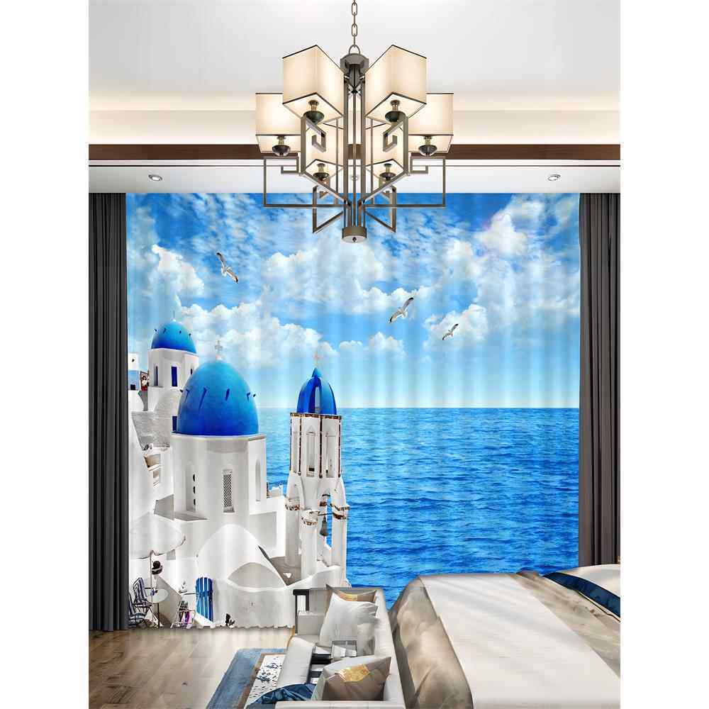 新中式风格地中海风格窗帘布斯堪的纳维亚风格立体海洋主题海景山