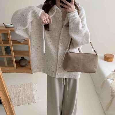 米色连帽毛衣开衫外套女秋冬季加厚宽松慵懒风带帽针织衫卫衣上衣