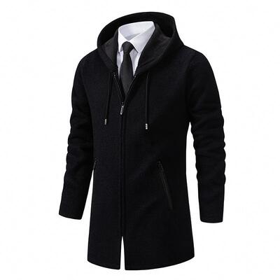 Men's sweater jacket, mid length coat, hooded knit