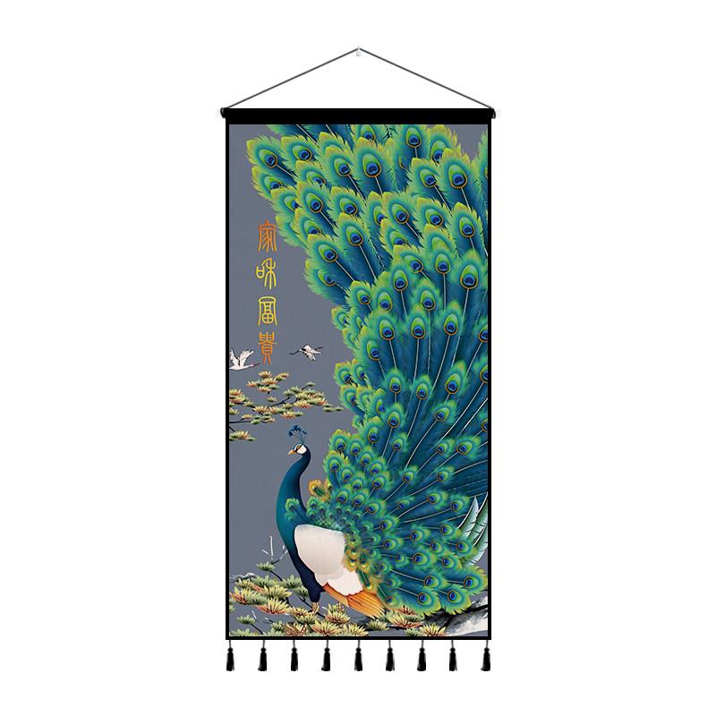 中式孔雀挂画布艺背景墙挂布挂毯背景布画卧室客厅玄关壁画装饰画