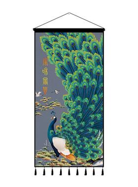 中式孔雀挂画布艺背景墙挂布挂毯背景布画卧室客厅玄关壁画装饰画