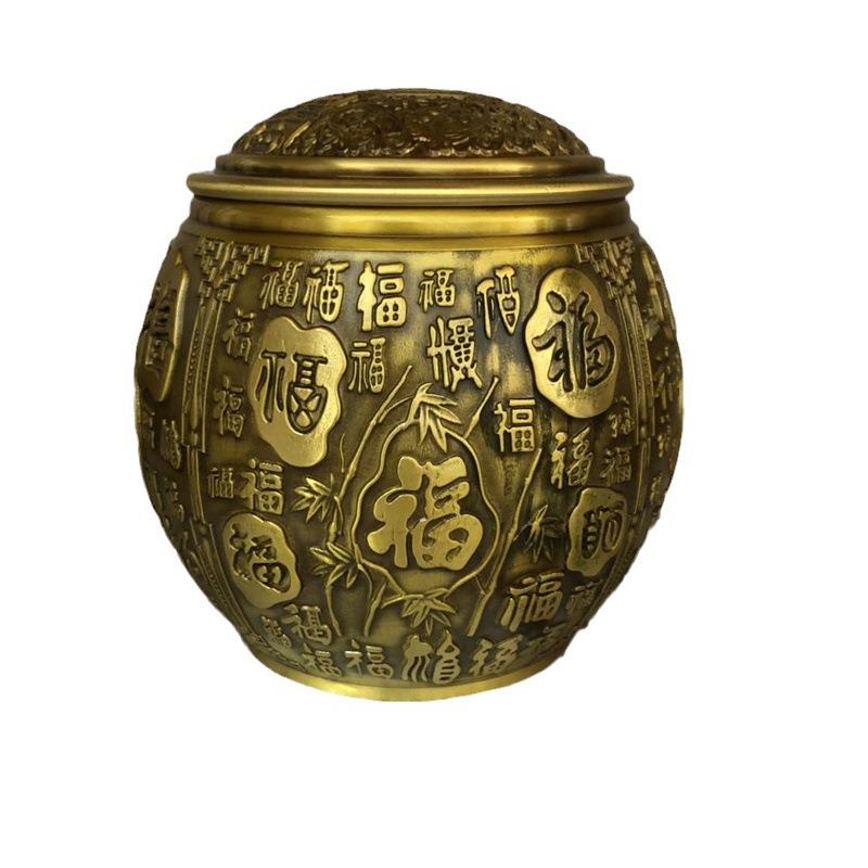 仿古纯铜带盖百福缸摆件黄铜茶叶罐福字缸古玩收藏家居工艺品摆件