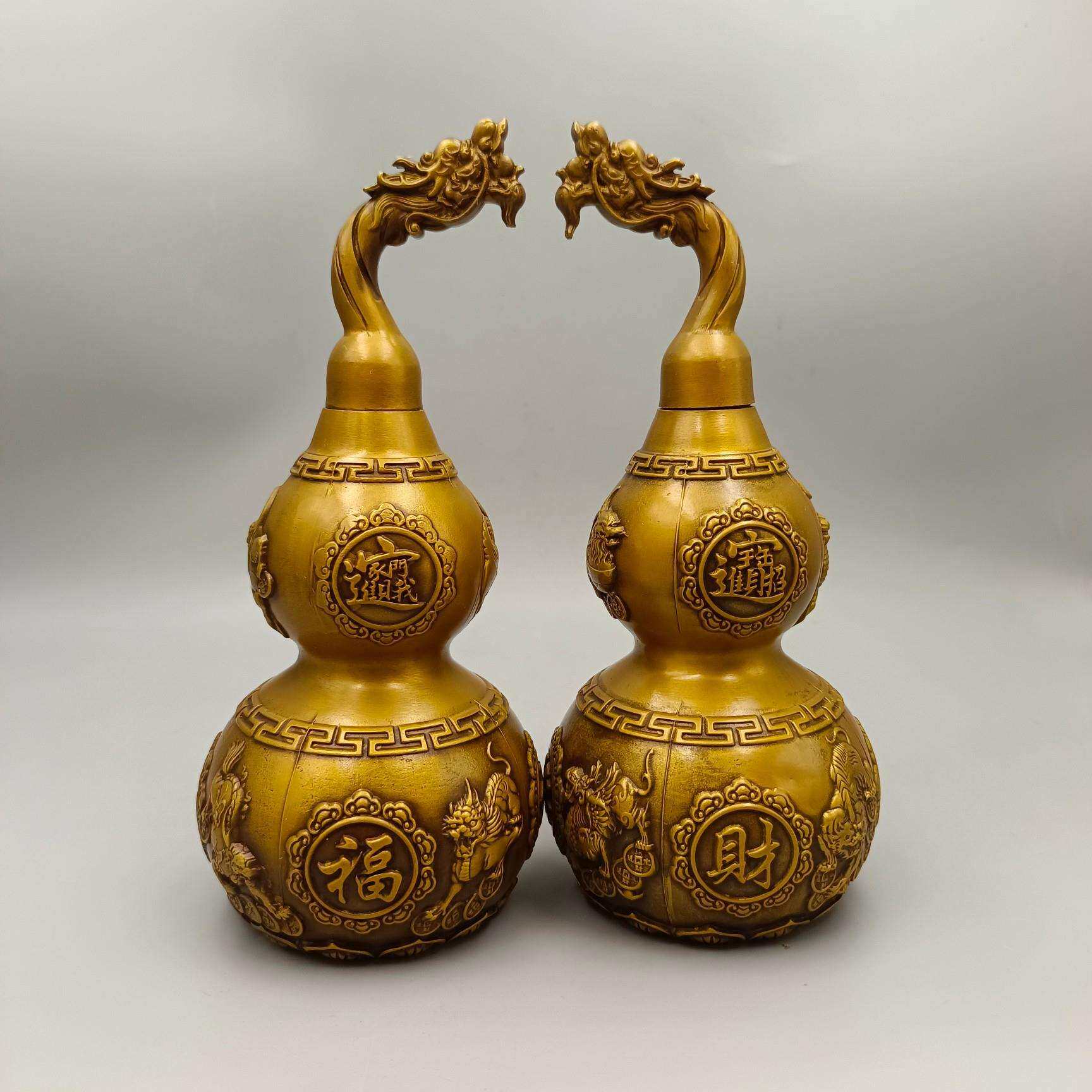 古韵斋 仿古貔貅葫芦一对 古玩铜器收藏铜摆件家居装饰工艺品