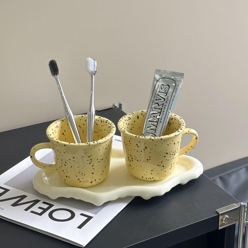 奶油泼墨牙刷杯洗漱杯家用复古牙杯牙刷架置物架情侣漱口杯刷牙杯
