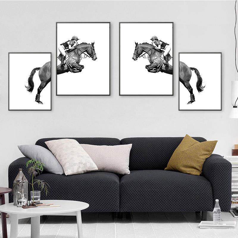 马术骑马个性装饰画黑白动物楼梯间现代简约样板房宾馆办公室挂画