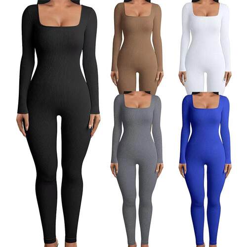 Womens Square Neck Sporty Jumpsuit High Stretch Slim Fit