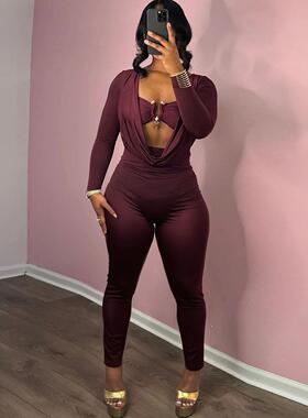 Women's Solid Color Slim Fit Knit Jumpsuit Chic Sexy Hollow