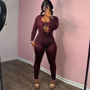 Womens Sexy Halter Metal Buckle Long Sleeve Fitted Jumpsuit