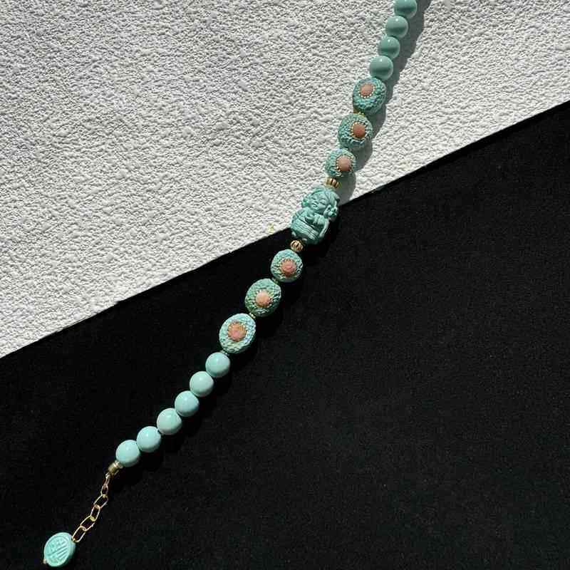 天然原矿高瓷绿松石手链单圈手串珠链尺寸约17×10.6×918k金配饰