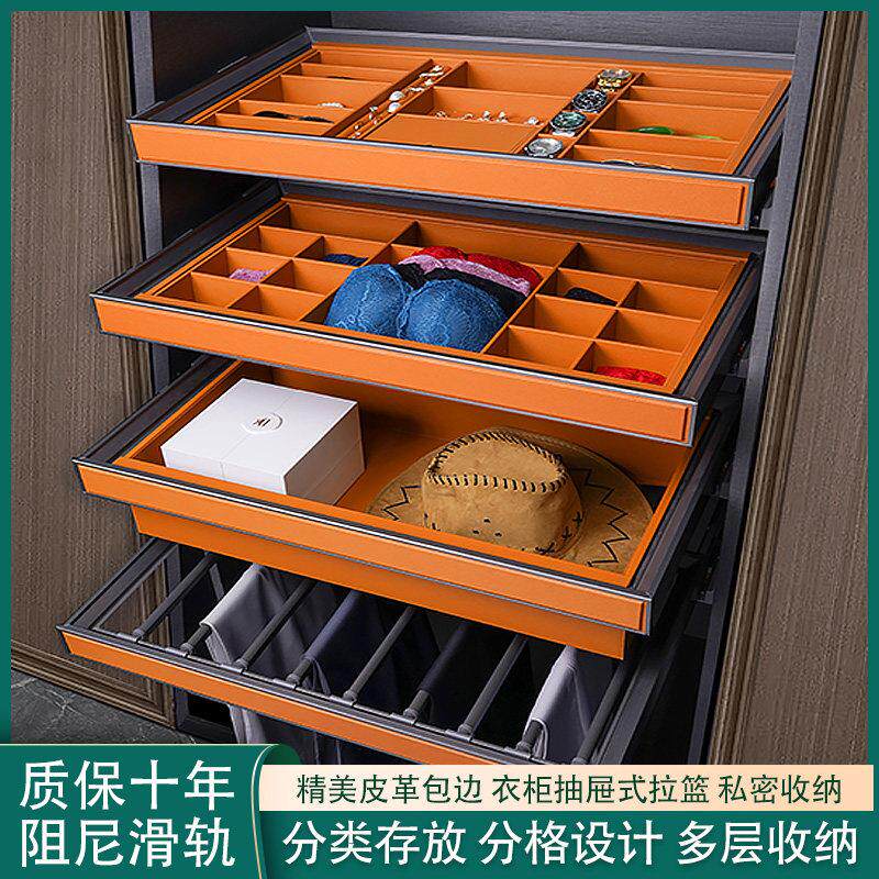 衣柜拉篮多功能裤架可伸缩滑轨衣帽间抽屉式首饰盒格子抽五金配件