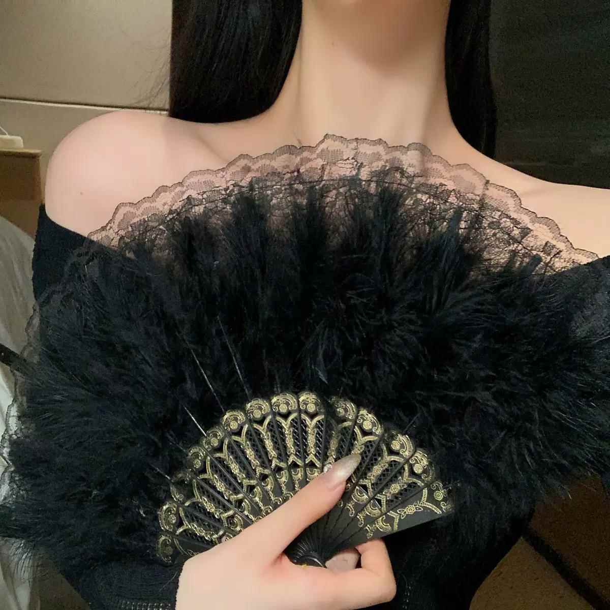 古风羽毛扇旗袍女走秀折扇汉服新年黑色蕾丝扇子舞蹈扇复古中式