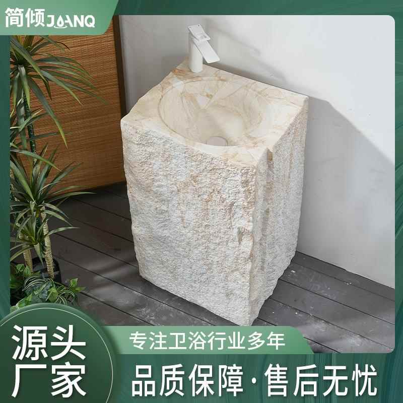 个性艺术款高端大理石立柱盆奶油风石纹落地式一体洞石洗手台现货
