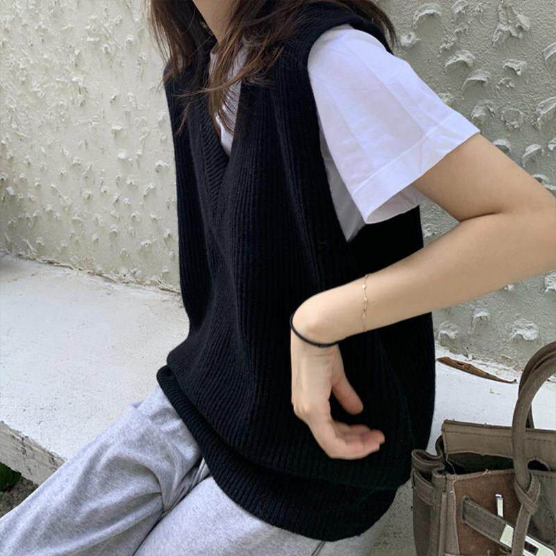 v领针织背心女早春新款复古宽松慵懒叠穿百搭显瘦短款马甲坎肩潮