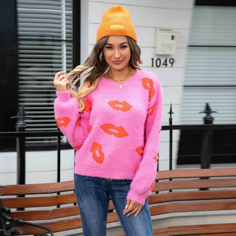 Pullover Lips Day Round Fashion Valentines Heart Womens