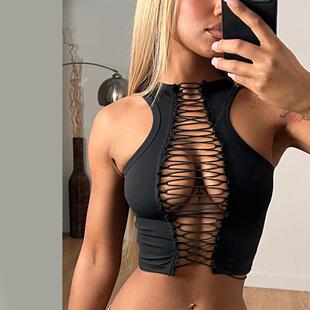 Women's Solid Color Lace Up Crop Short Tank Top Fashion