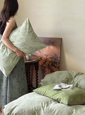 新中式提花四件套A类复古提花绿色60支纯棉色织被套床上用品