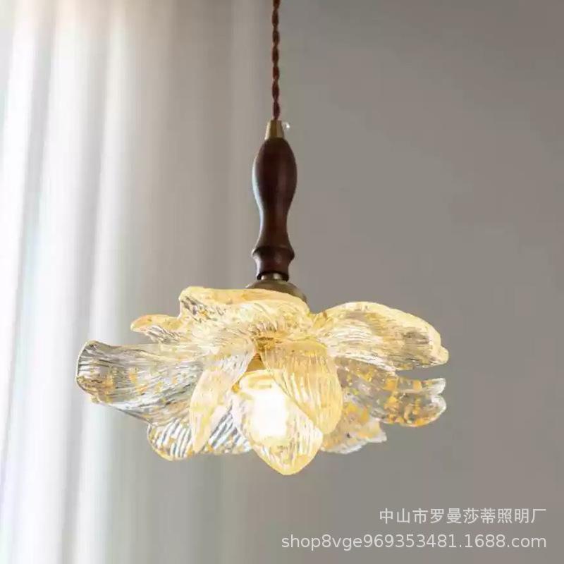 中古花瓣餐厅吊灯胡桃木简约吧台三头长餐桌灯法式复古莲韵过道灯