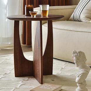北欧实木边几沙发茶几角几客厅圆形小户型家用黑胡桃木色桌木质圆