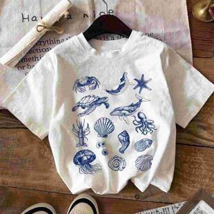 teen girls casual shell beach pattern short sleeve round