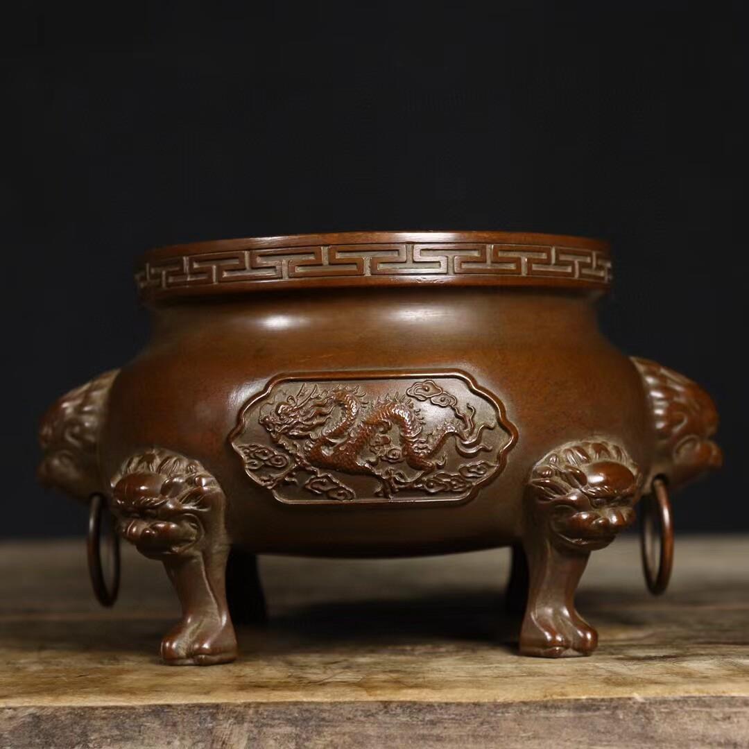 纯铜家用纯铜龙凤四足香炉大号寺院供奉聚财鼎寺庙香炉佛具铜炉