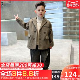 男童冬装外套西装毛呢大衣牛仔裤套装2023儿童中长款夹棉中大童潮