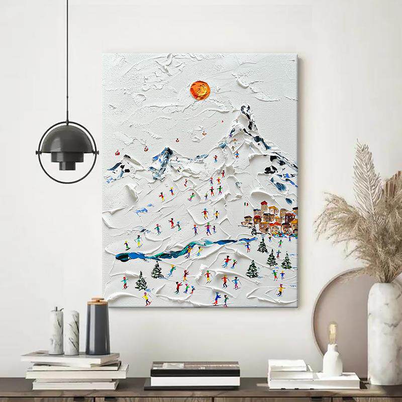 意式极简客厅手绘油画滑雪肌理画立体雪山风景装饰画玄关白色挂画