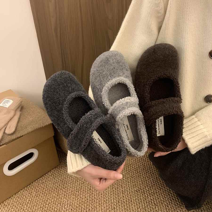 秋冬呢子灰色软底加绒保暖勃肯鞋女新款韩版棉鞋玛丽珍鞋0923c
