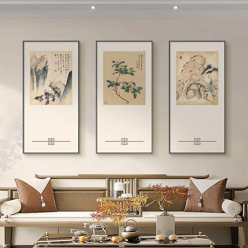 新中式客厅装饰画古韵山水画书房茶室三联组合画大气玄关楼梯字画