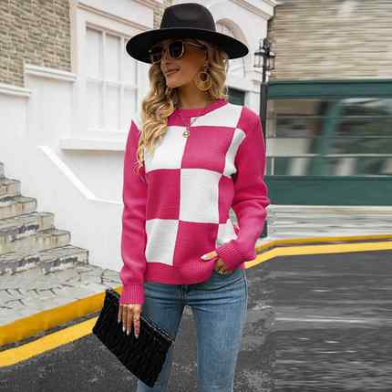 Round neck knitted rose red plaid sweater pullover INS shirt