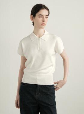 LINHOUSE复古白色Polo衫针织短袖上衣夏季通勤休闲学院气质t恤女