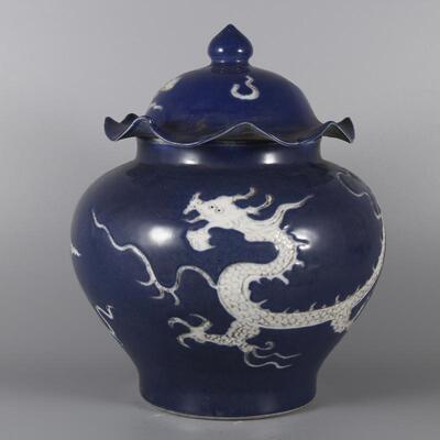 明宣德霁蓝莲叶边龙纹盖罐民间收藏品古玩古董老物件做旧仿古摆件