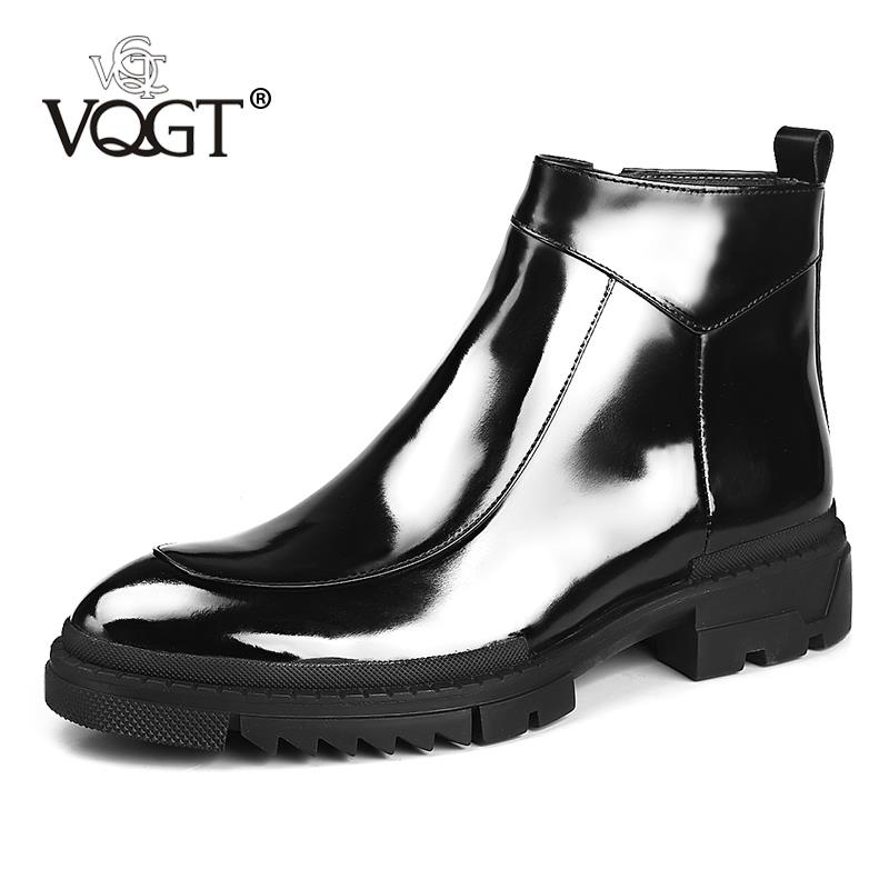 正品Vqgt冬季皮靴男用天鹅绒帮真皮靴漆皮男底靴用短牛皮高皮鞋厚